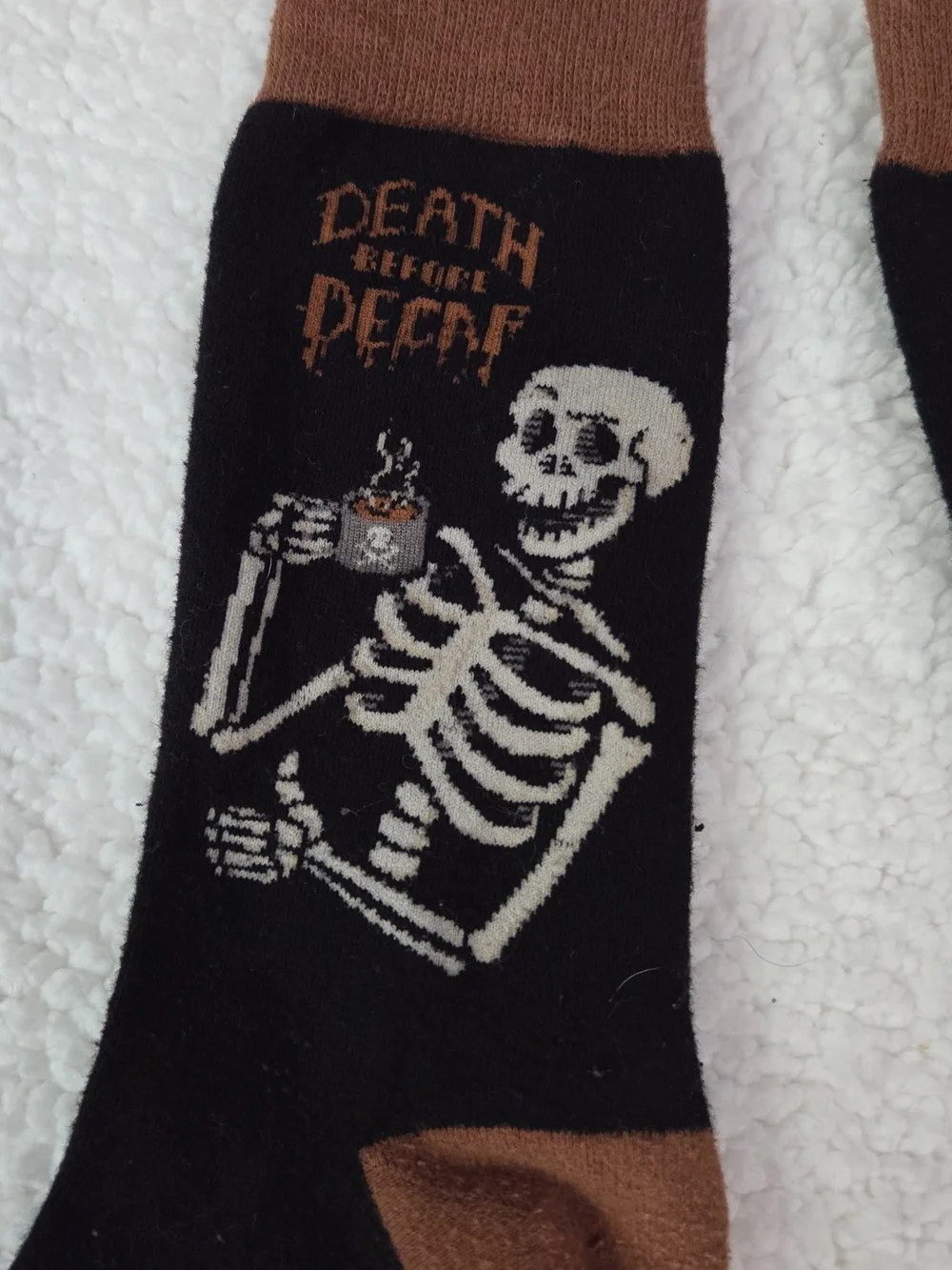 Adult Crew Socks Death Before Decaf Skeleton Skull Black Brown Novelty Funny